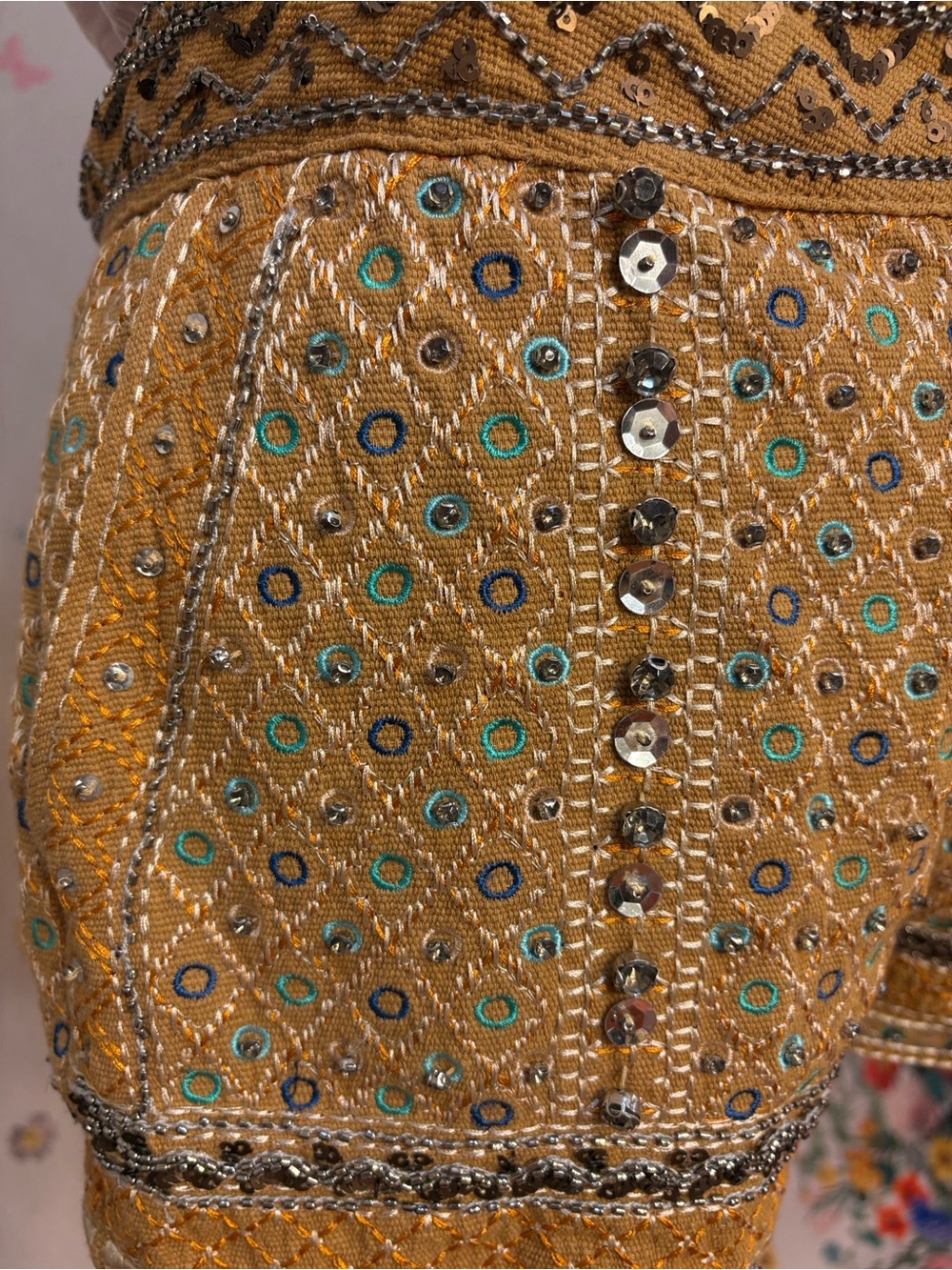Freeway - Mustard Embroidered Shorts w/ Mirror Accents Festival Boho Glam Party - Picture 4 of 12